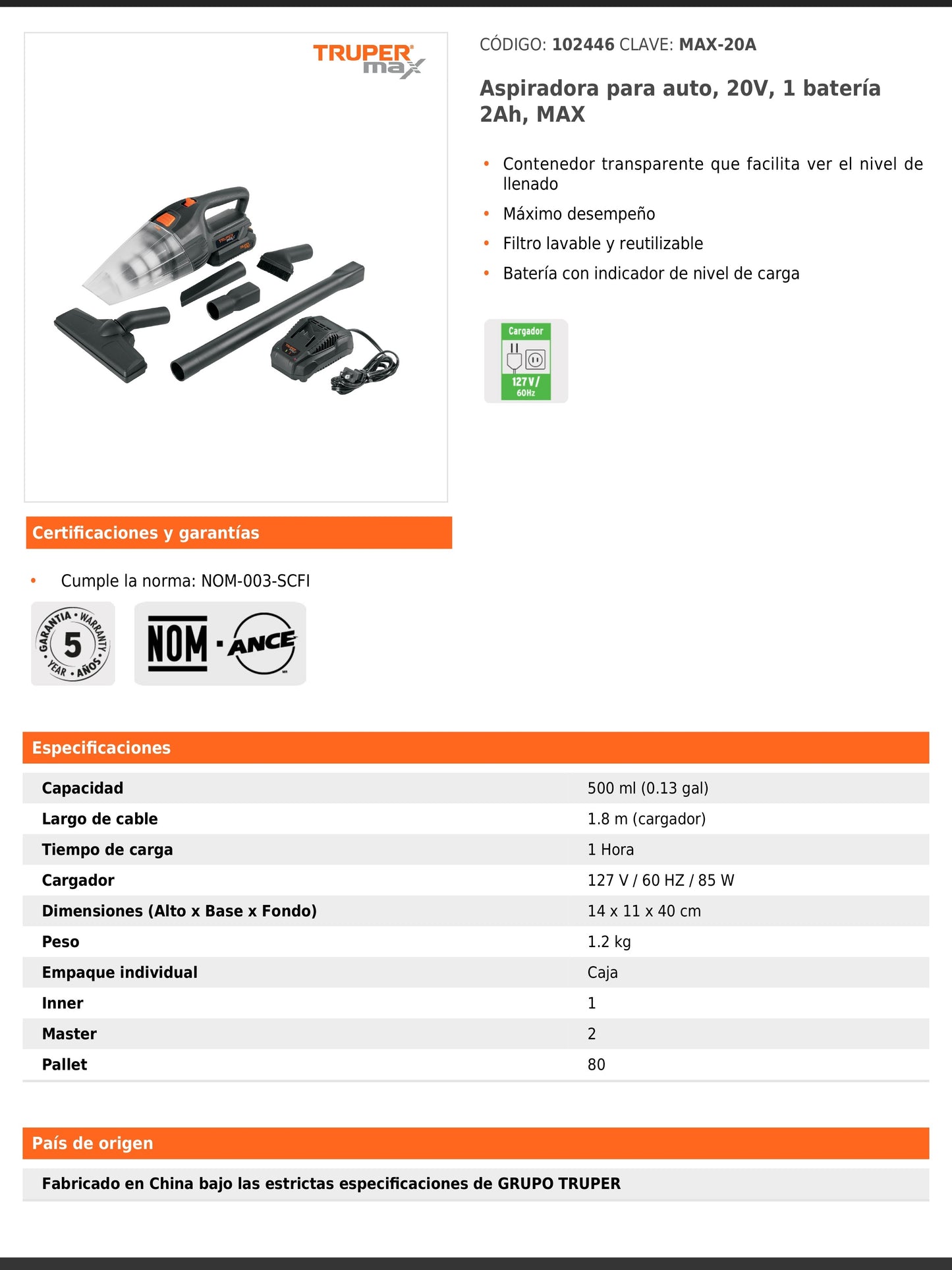 Aspiradora para auto de 20 V con batería de 2 Ah