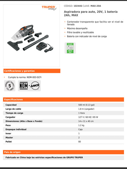 Aspiradora para auto de 20 V con batería de 2 Ah