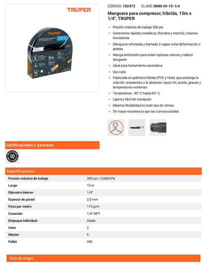 Manguera híbrida compresor 15 m 1/4 pulg