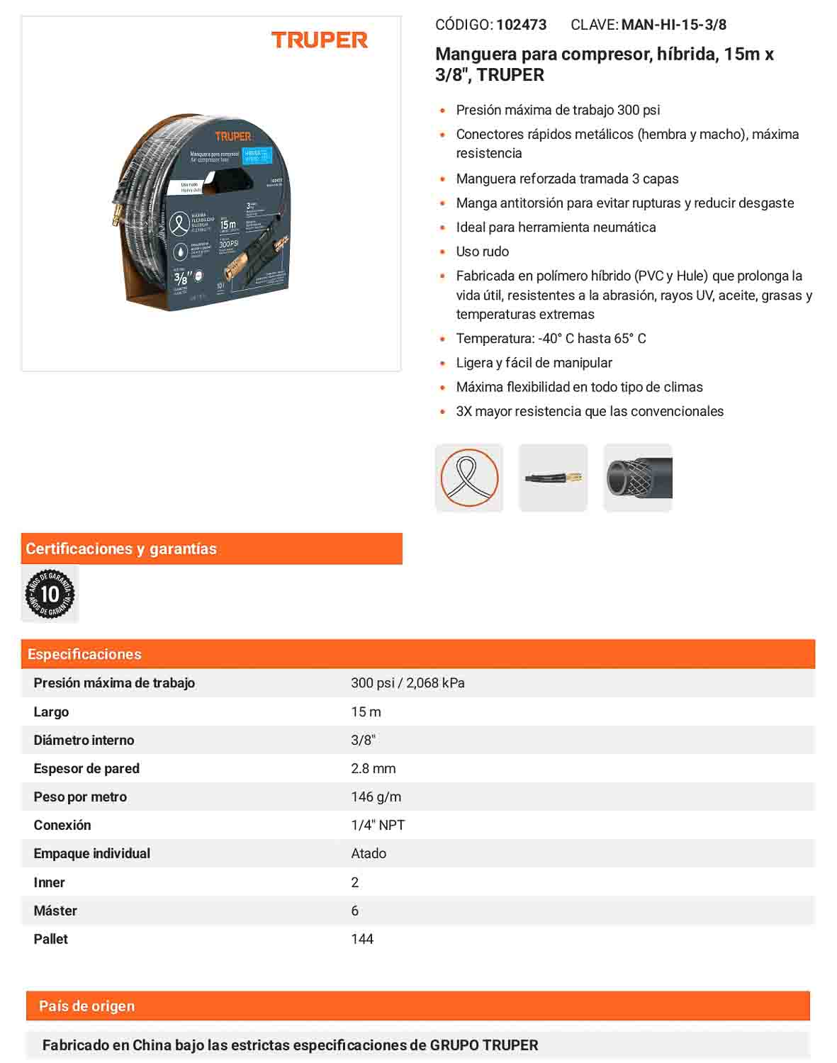 Manguera híbrida compresor 15 m 3/8 pulg