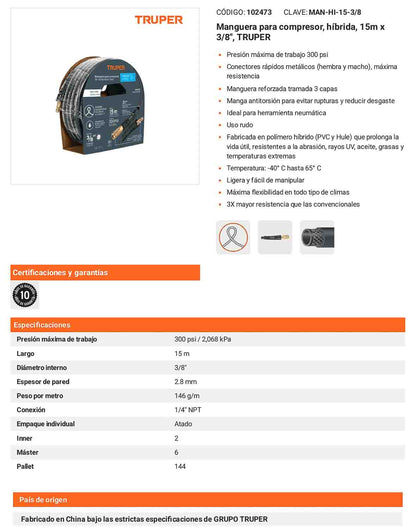 Manguera híbrida compresor 15 m 3/8 pulg