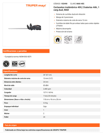 Ficha tecnica - Cortasetos inalambrico 40V 2 baterias 4Ah - SKU 102490