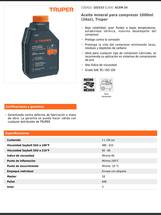 Aceite mineral para compresor de 1000 ml