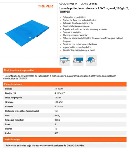 Lona Polietileno Reforzada 1.5x2 m Azul 180g
