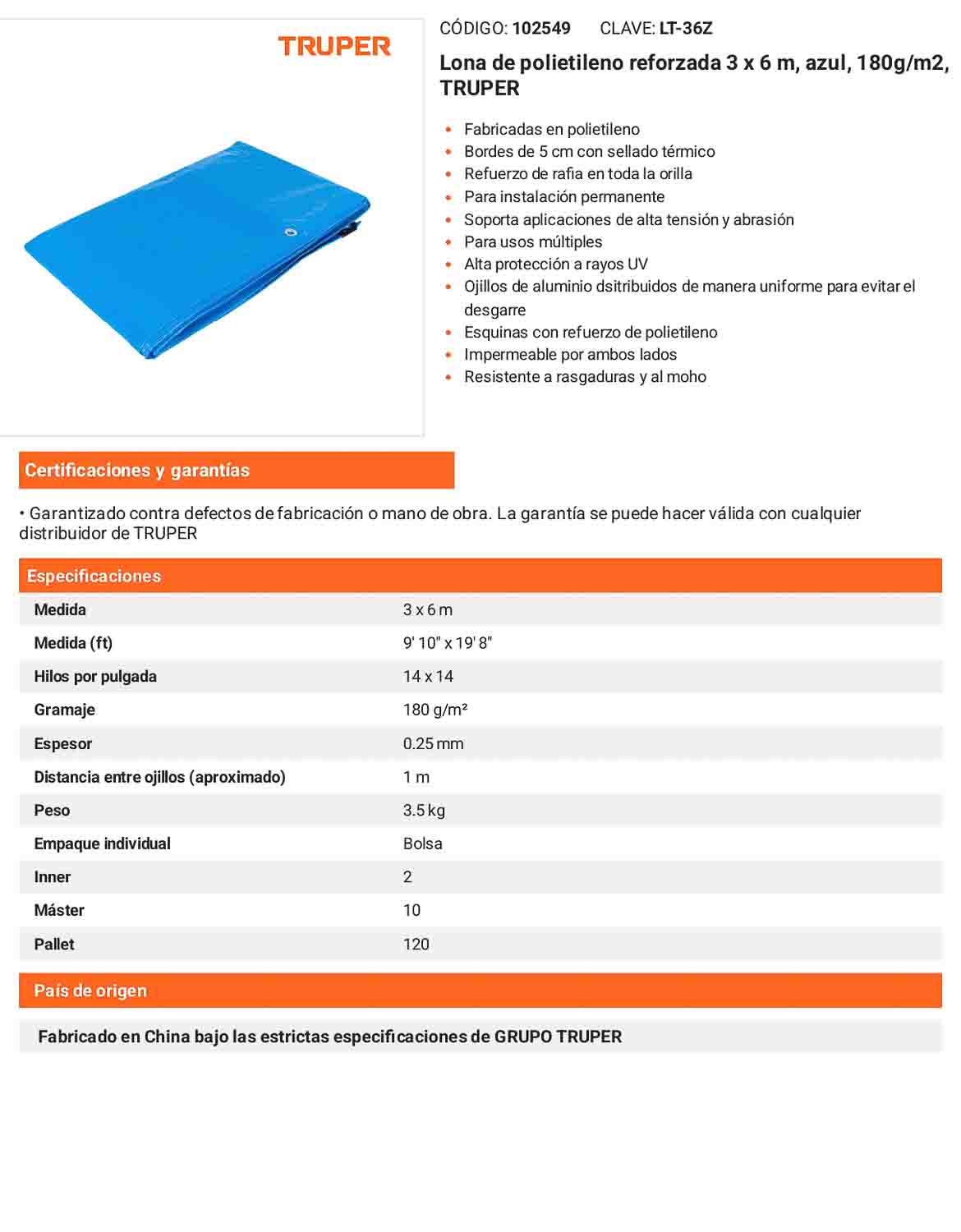 Lona Polietileno Reforzada 3x6 m Azul 180g