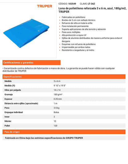 Lona Polietileno Reforzada 3x6 m Azul 180g