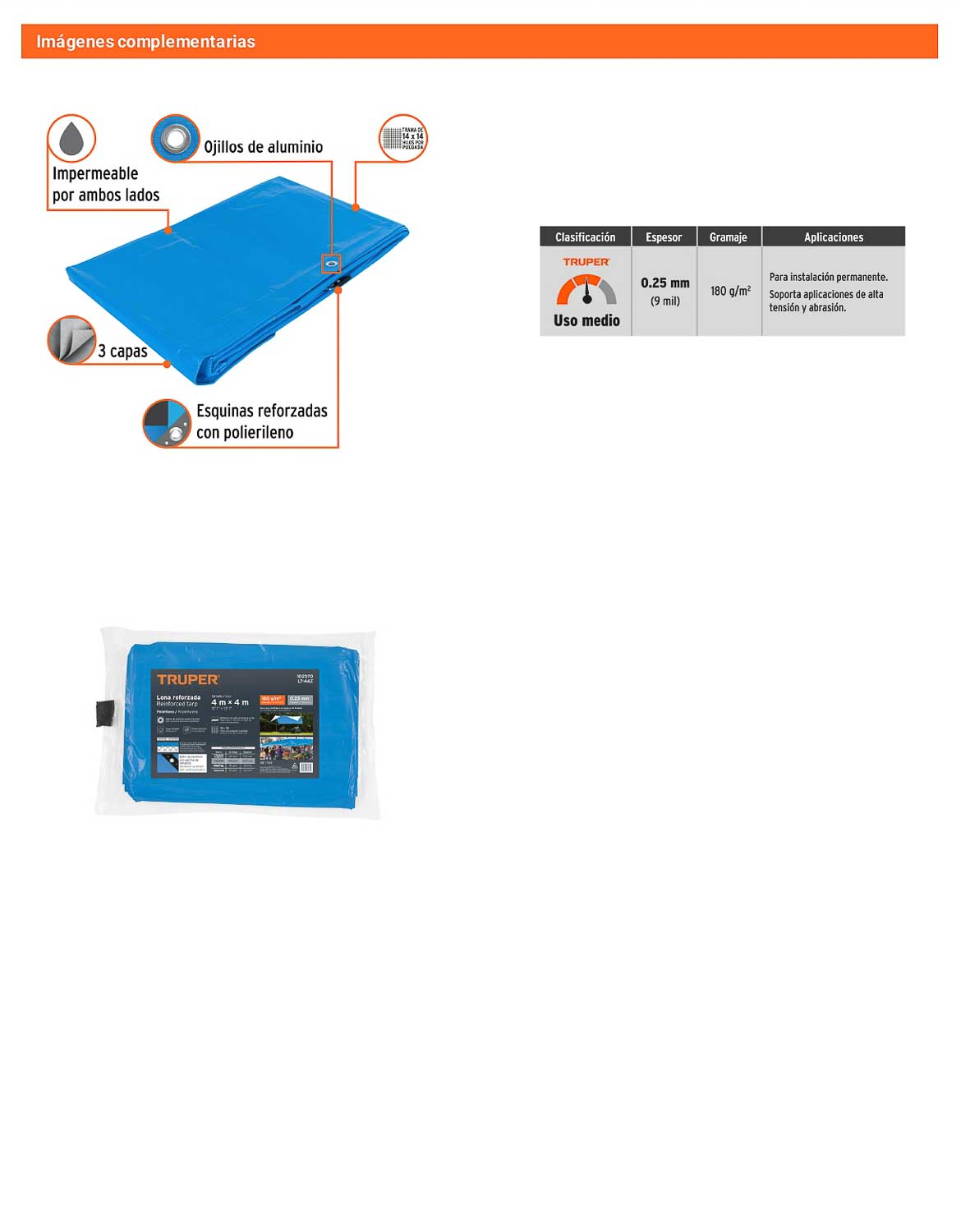 Lona Polietileno Reforzada 4x4 m Azul 180g