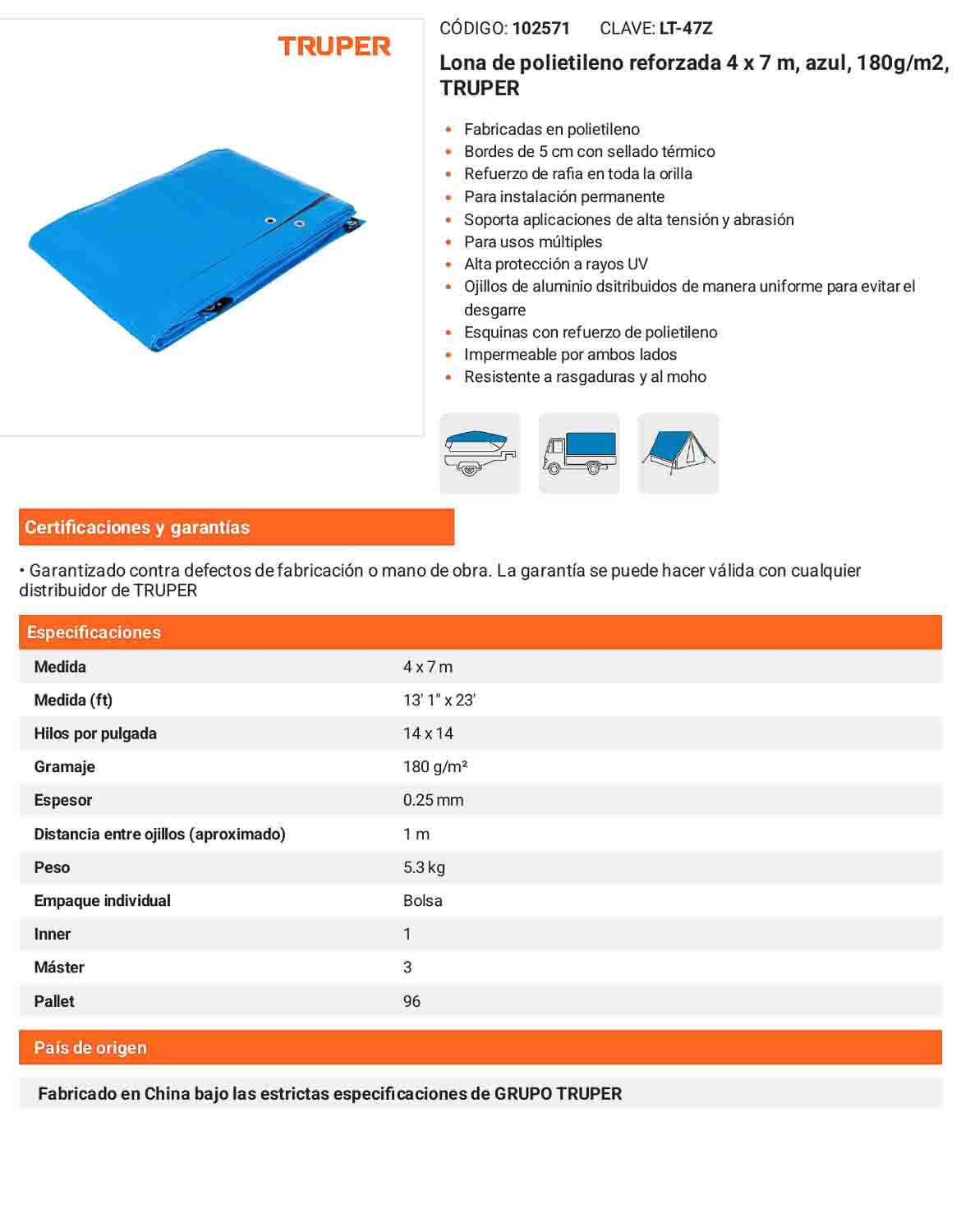 Lona Polietileno Reforzada 4x7 m Azul 180g