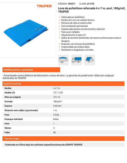 Lona Polietileno Reforzada 4x7 m Azul 180g
