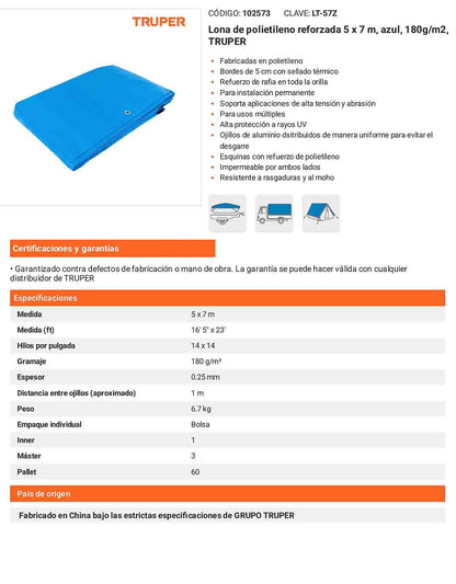 Lona Polietileno Reforzada 5x7 m Azul 180g