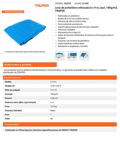 Lona Polietileno Reforzada 6x9 m Azul 180g