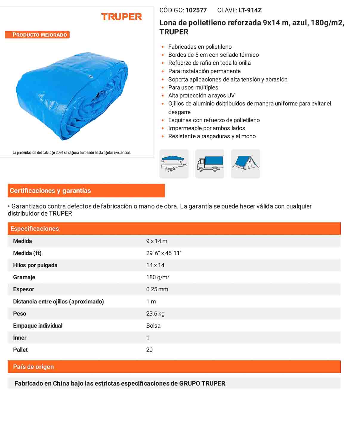Lona Polietileno Reforzada 9x14 m Azul 180g