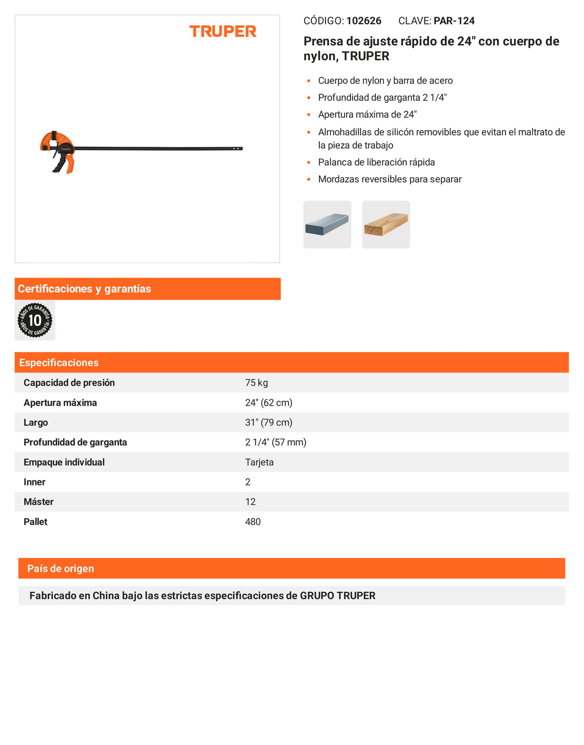 Ficha tecnica - Prensa de ajuste rapido de 24 pulg - SKU 102626