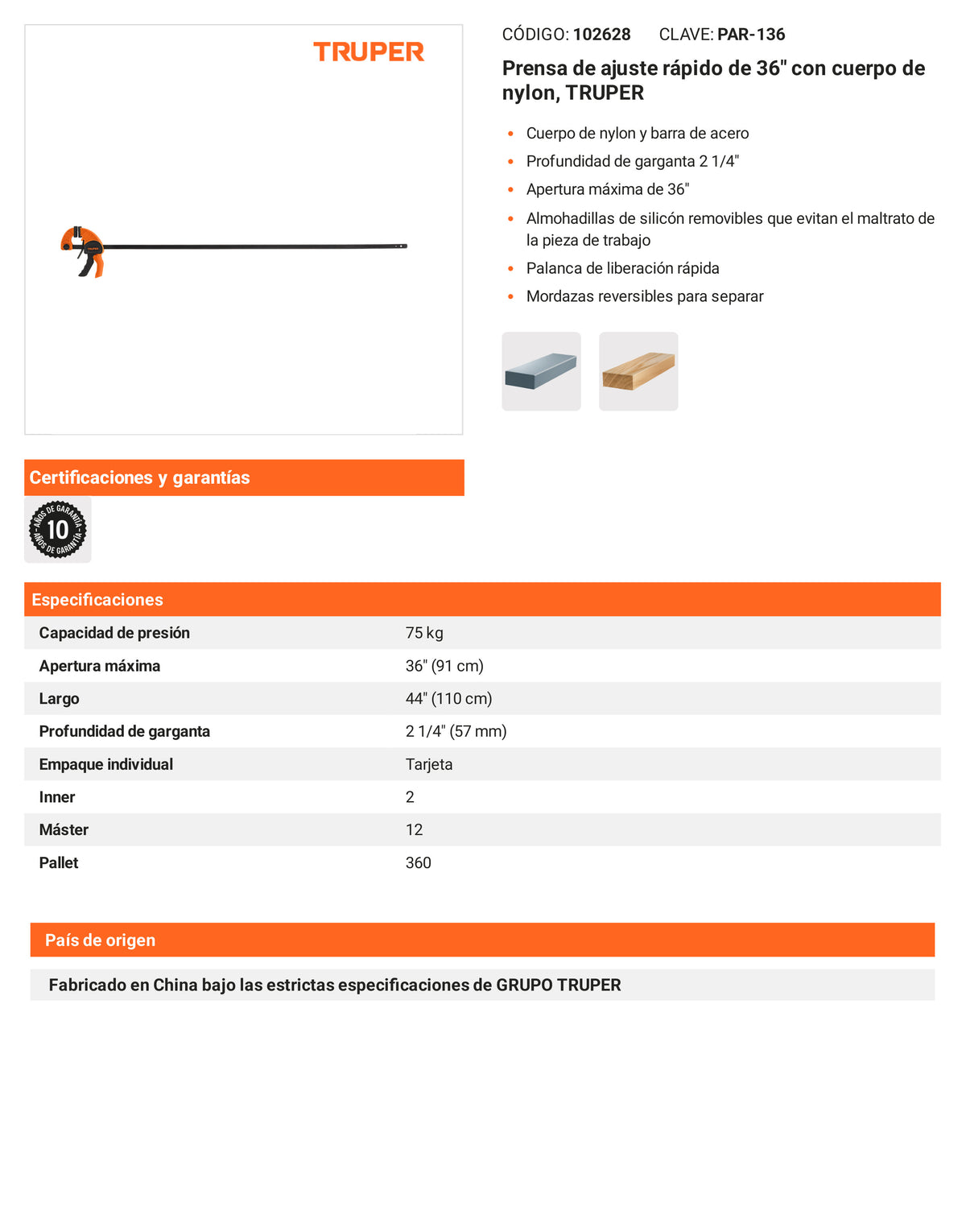 Ficha tecnica - Prensa de ajuste rapido de 36 pulg - SKU 102628
