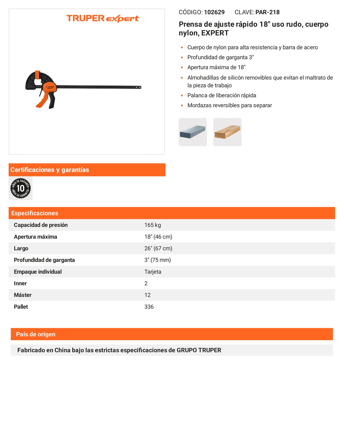 Ficha tecnica - Prensa de ajuste rapido 18 pulg uso rudo - SKU 102629