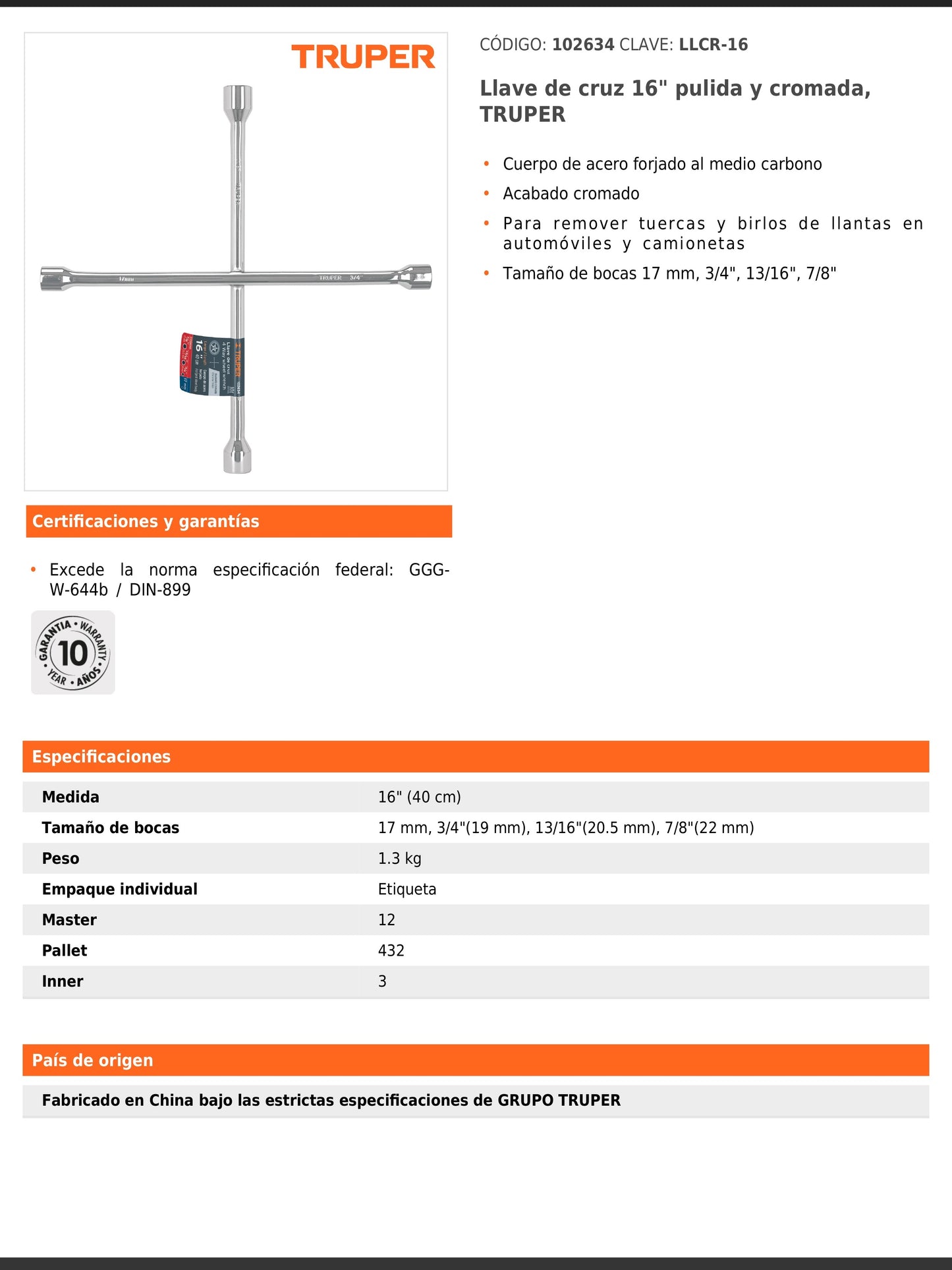 Llave de cruz de 40 cm pulida y cromada