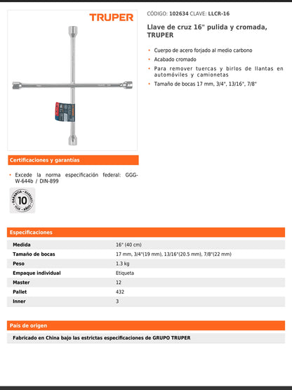 Llave de cruz de 40 cm pulida y cromada