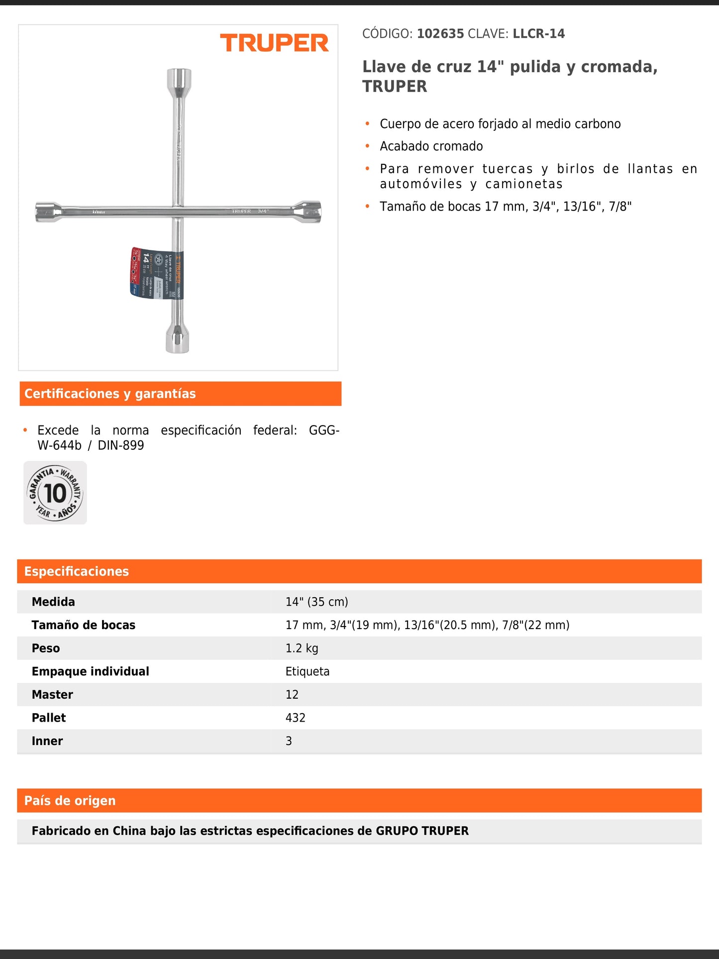 Llave de cruz de 35 cm pulida y cromada