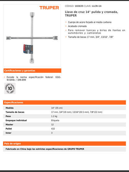 Llave de cruz de 35 cm pulida y cromada