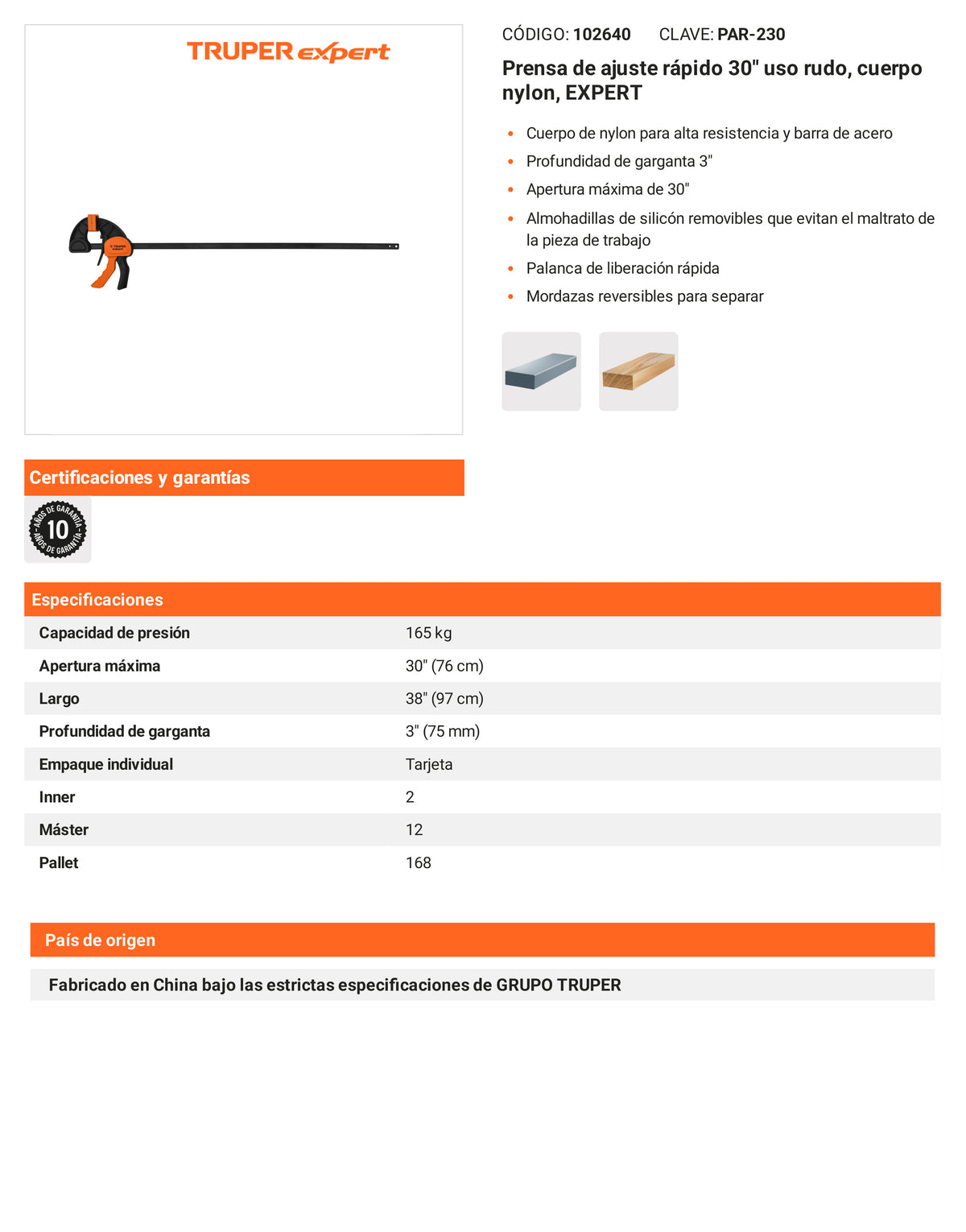 Ficha tecnica - Prensa de ajuste rapido 30 pulg uso rudo - SKU 102640