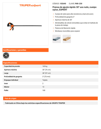 Ficha tecnica - Prensa de ajuste rapido 30 pulg uso rudo - SKU 102640