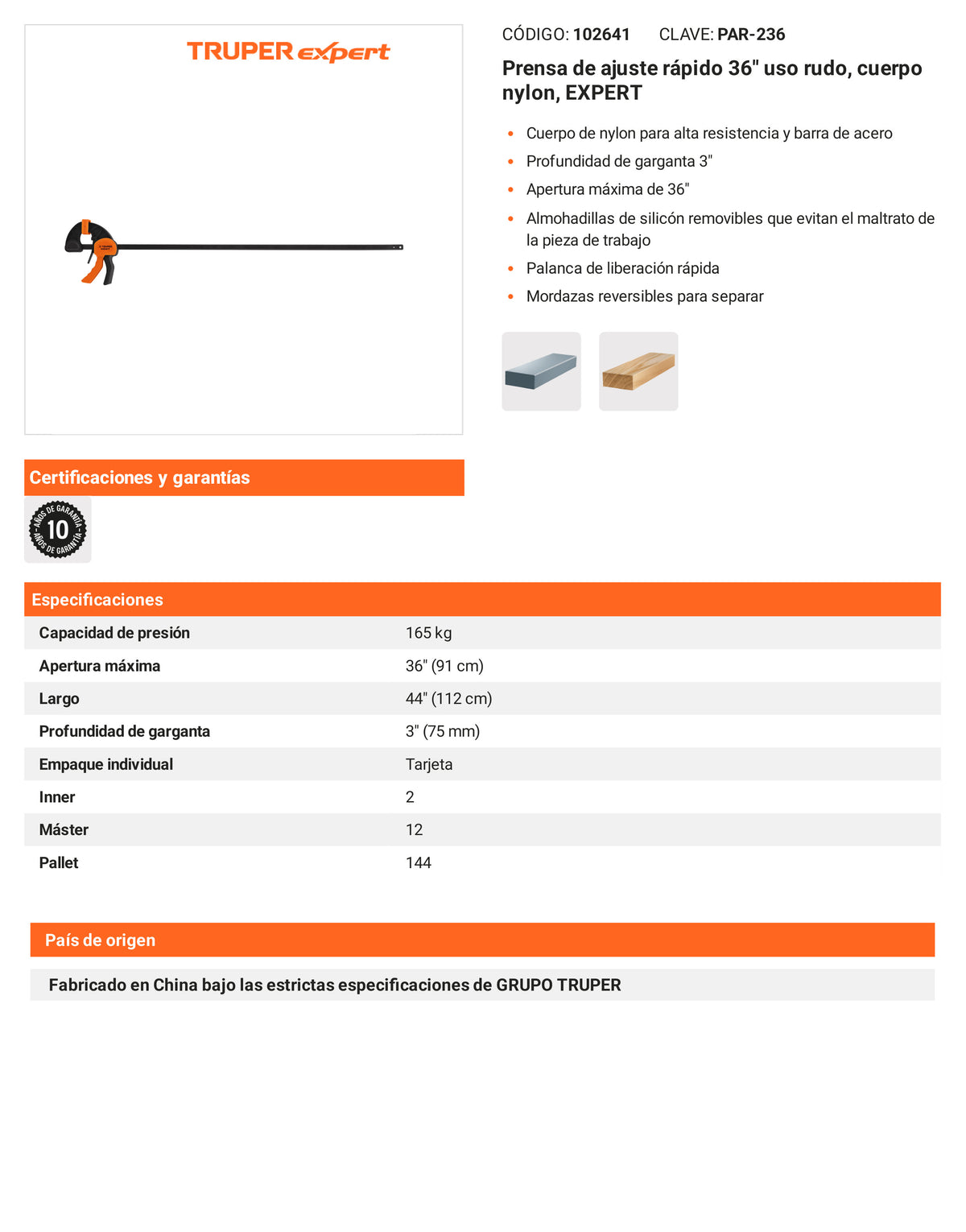 Ficha tecnica - Prensa de ajuste rapido 36 pulg uso rudo - SKU 102641
