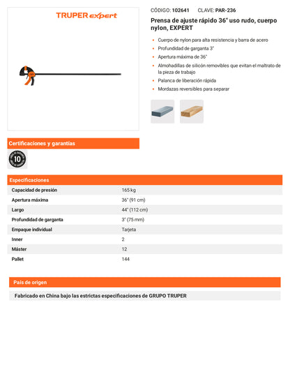 Ficha tecnica - Prensa de ajuste rapido 36 pulg uso rudo - SKU 102641