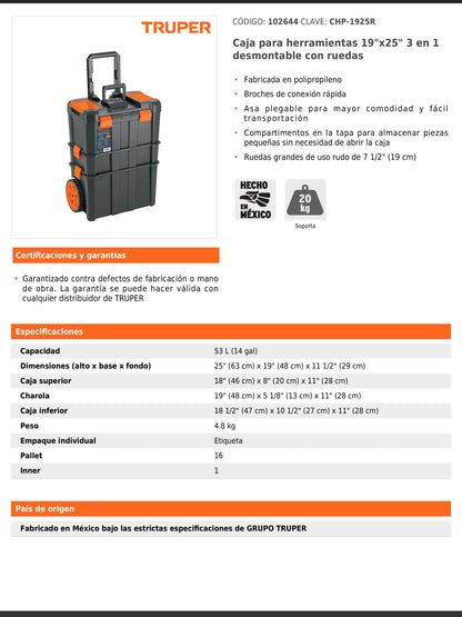 Caja para herramientas 3 en 1 desmontable con ruedas de 63 cm x 48 cm
