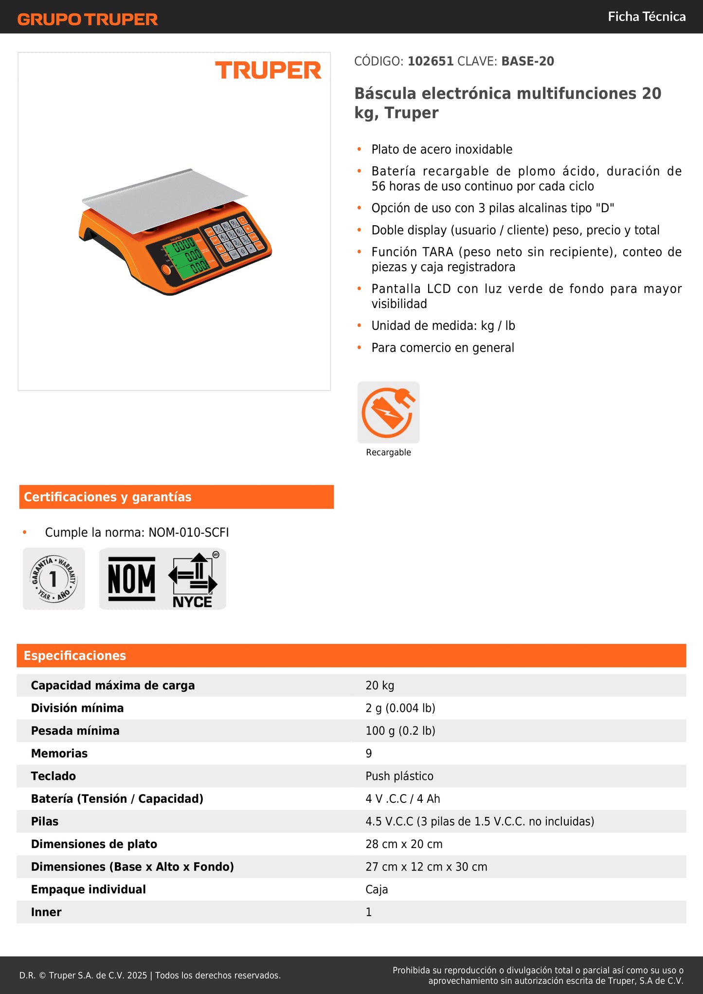 Báscula electrónica multifunciones de 20 kg