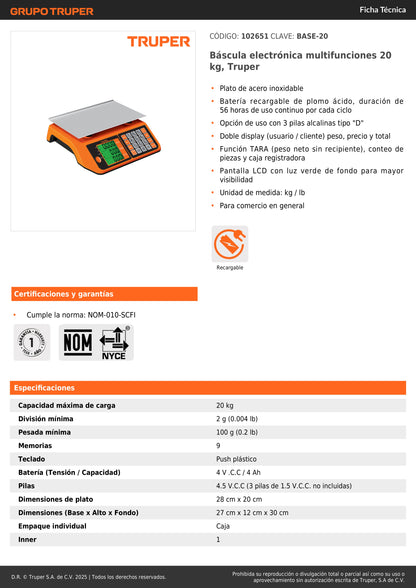 Báscula electrónica multifunciones de 20 kg