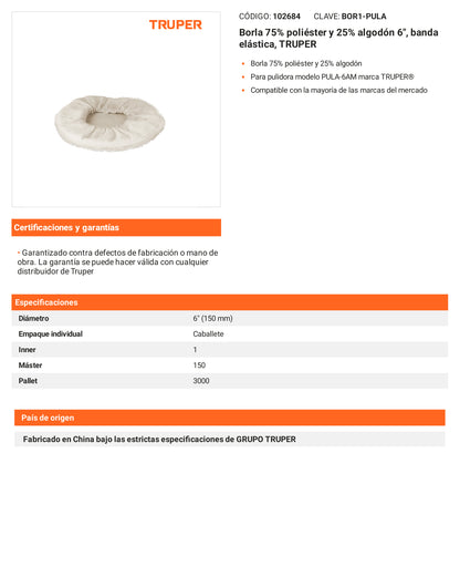 Ficha tecnica - Borla 75% poliester y 25% algodon 6 pulg - SKU 102684