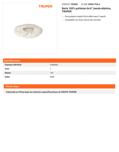 Ficha tecnica - Borla 100% poliester de 6 pulg banda elastica - SKU 102685