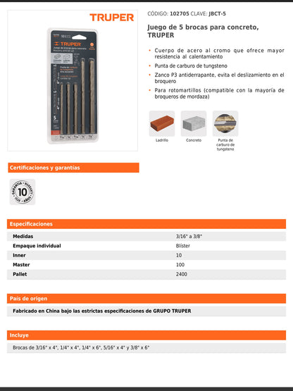 Juego de 5 brocas para concreto con punta de carburo de tungsteno