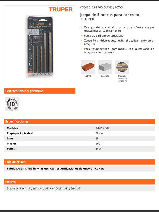 Juego de 5 brocas para concreto con punta de carburo de tungsteno