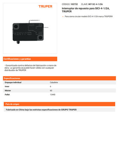 Ficha tecnica - Interruptor para SICI-4-1/2A - SKU 102732
