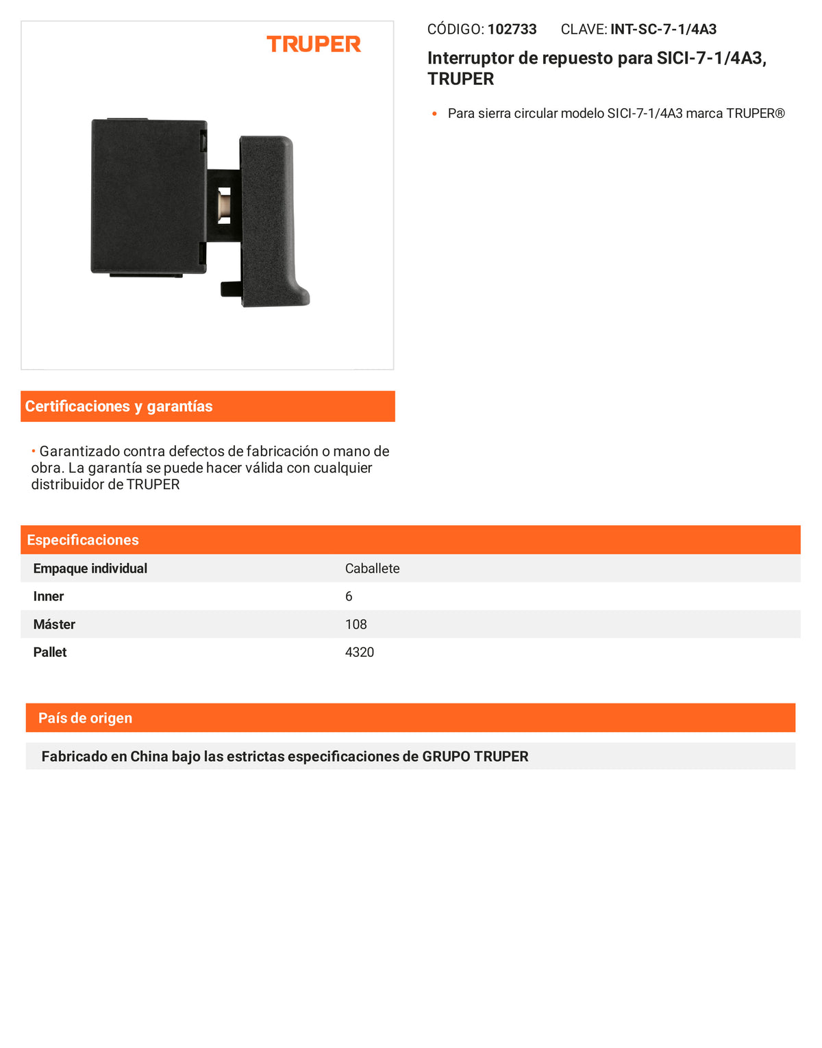 Ficha tecnica - Interruptor para SICI-7-1/4A3 - SKU 102733