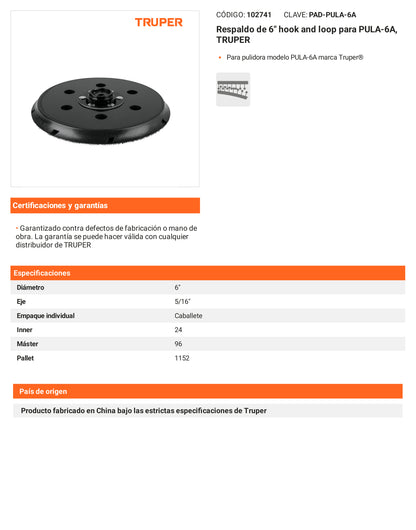 Ficha tecnica - Respaldo de 6 pulg hook and loop PULA-6A - SKU 102741