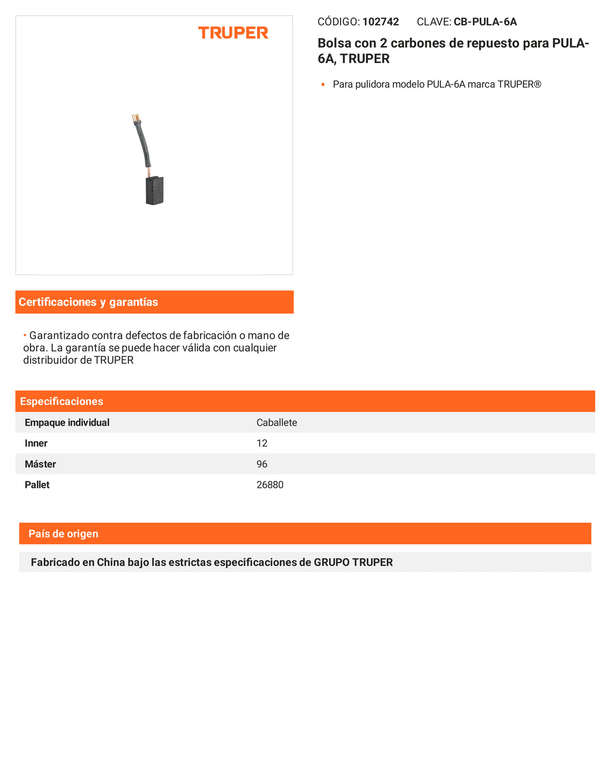 Ficha tecnica - 2 carbones para PULA-6A - SKU 102742