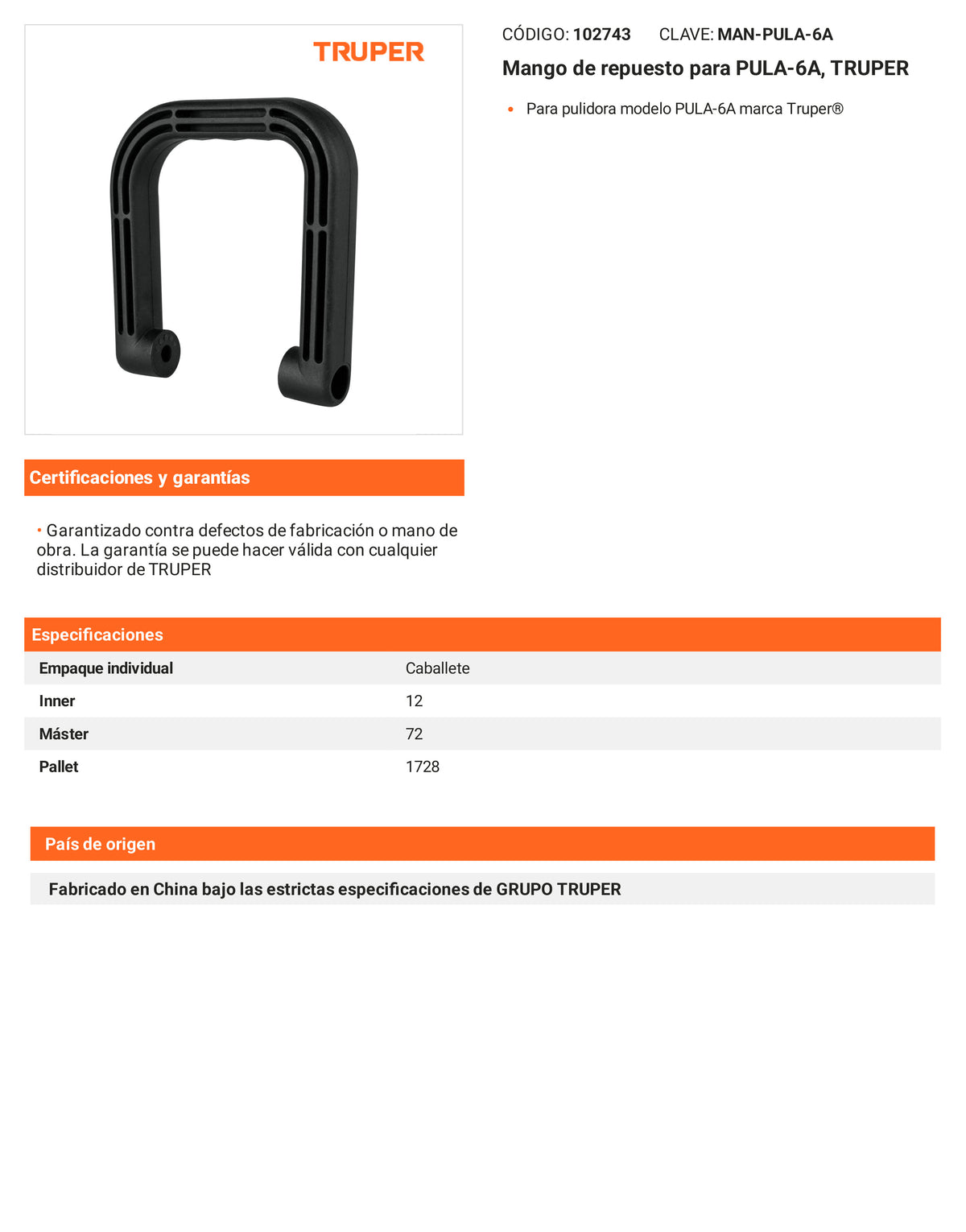Ficha tecnica - Mango para PULA-6A - SKU 102743