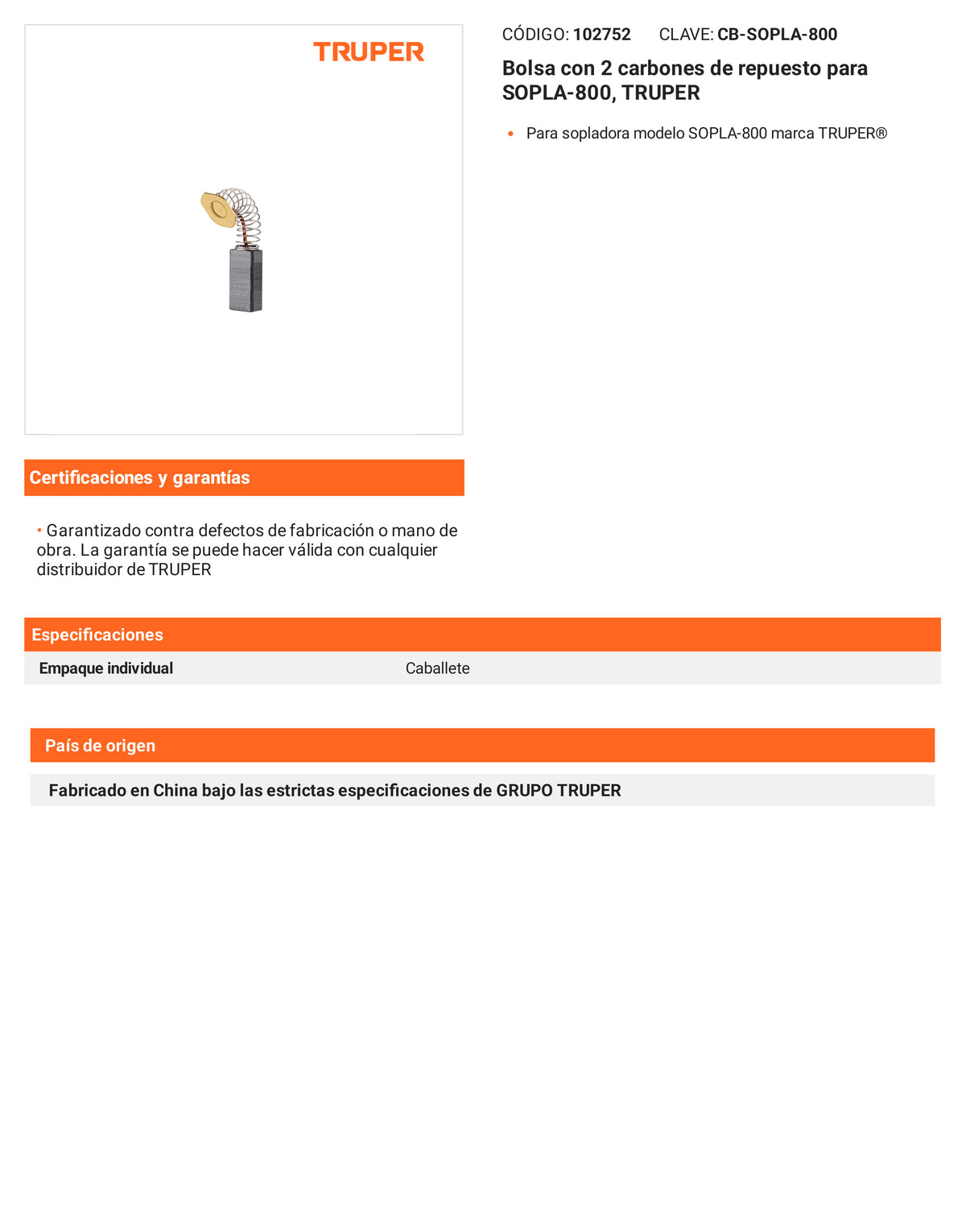 Ficha tecnica - 2 carbones para SOPLA-800 - SKU 102752