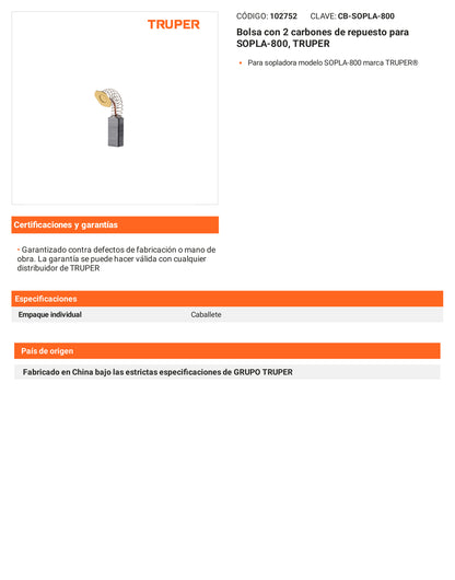 Ficha tecnica - 2 carbones para SOPLA-800 - SKU 102752