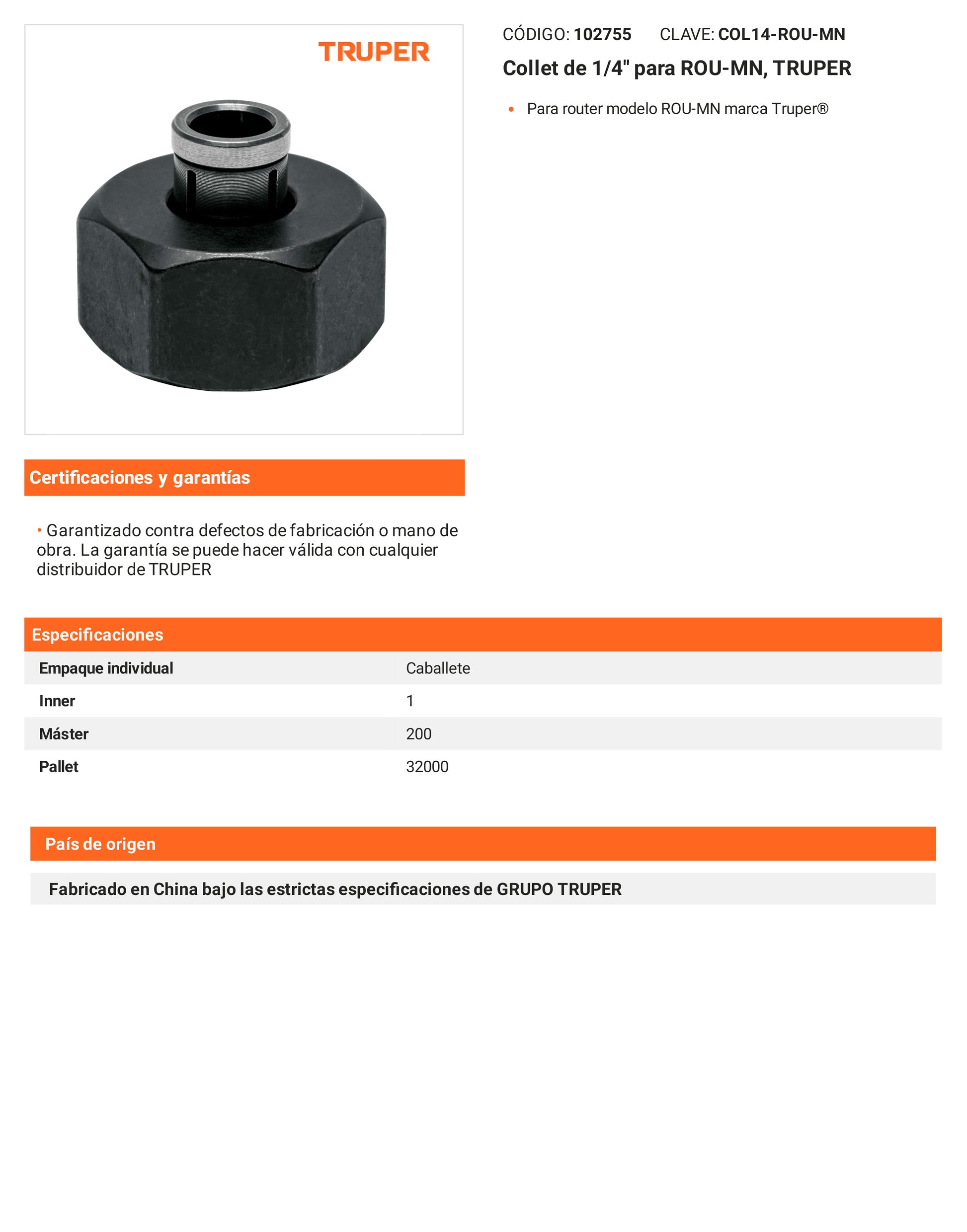 Ficha tecnica - Collet de 1/4 pulg para ROU-MN - SKU 102755