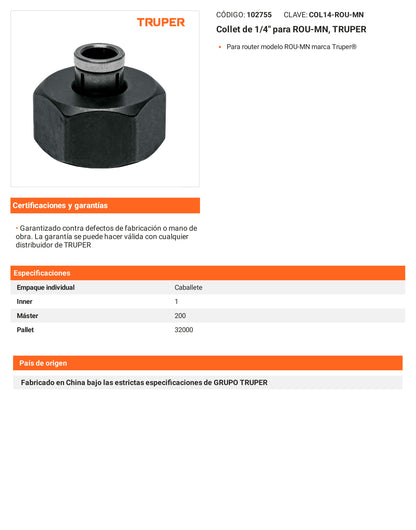 Ficha tecnica - Collet de 1/4 pulg para ROU-MN - SKU 102755
