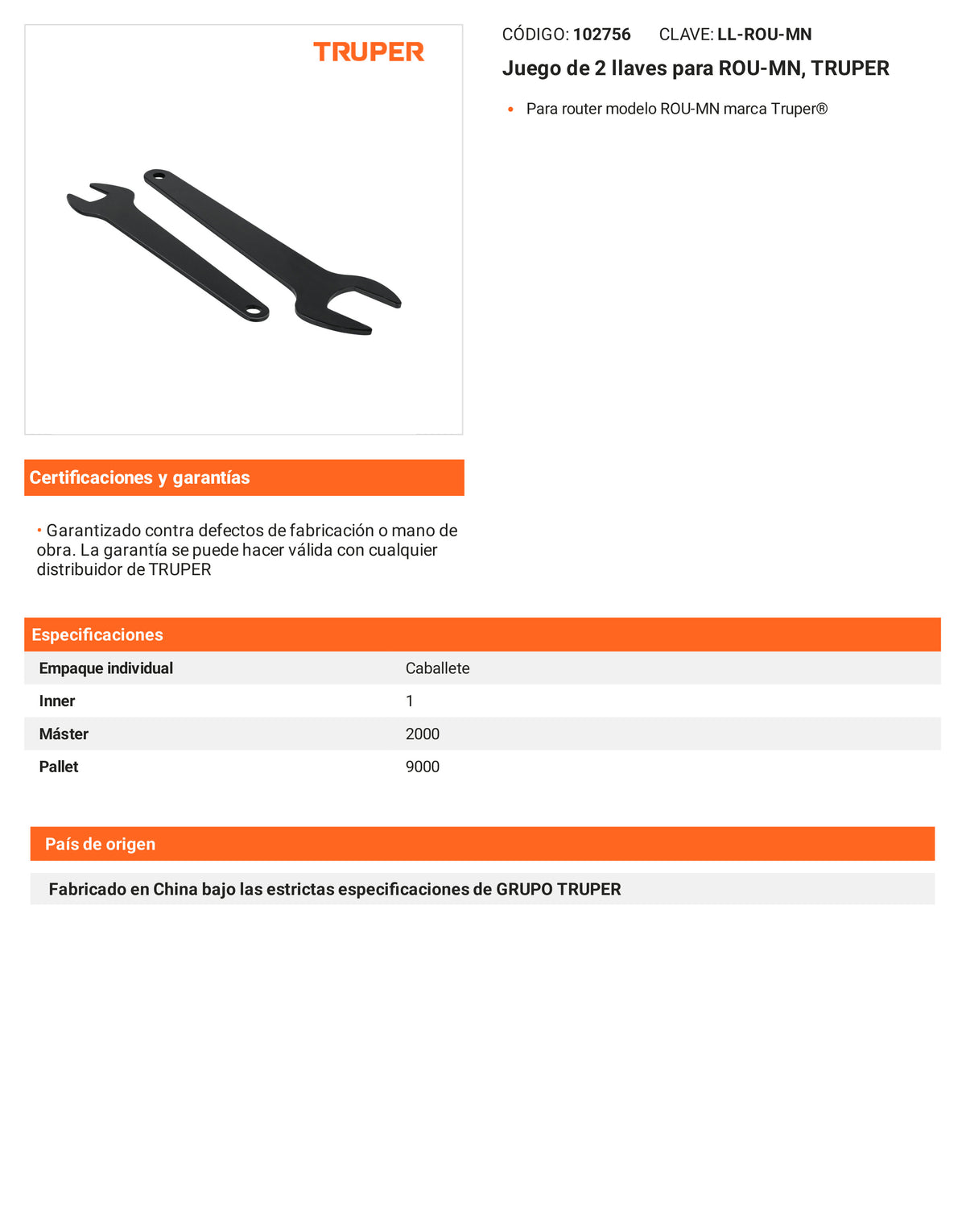 Ficha tecnica - Juego de 2 llaves para ROU-MN - SKU 102756