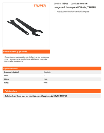 Ficha tecnica - Juego de 2 llaves para ROU-MN - SKU 102756