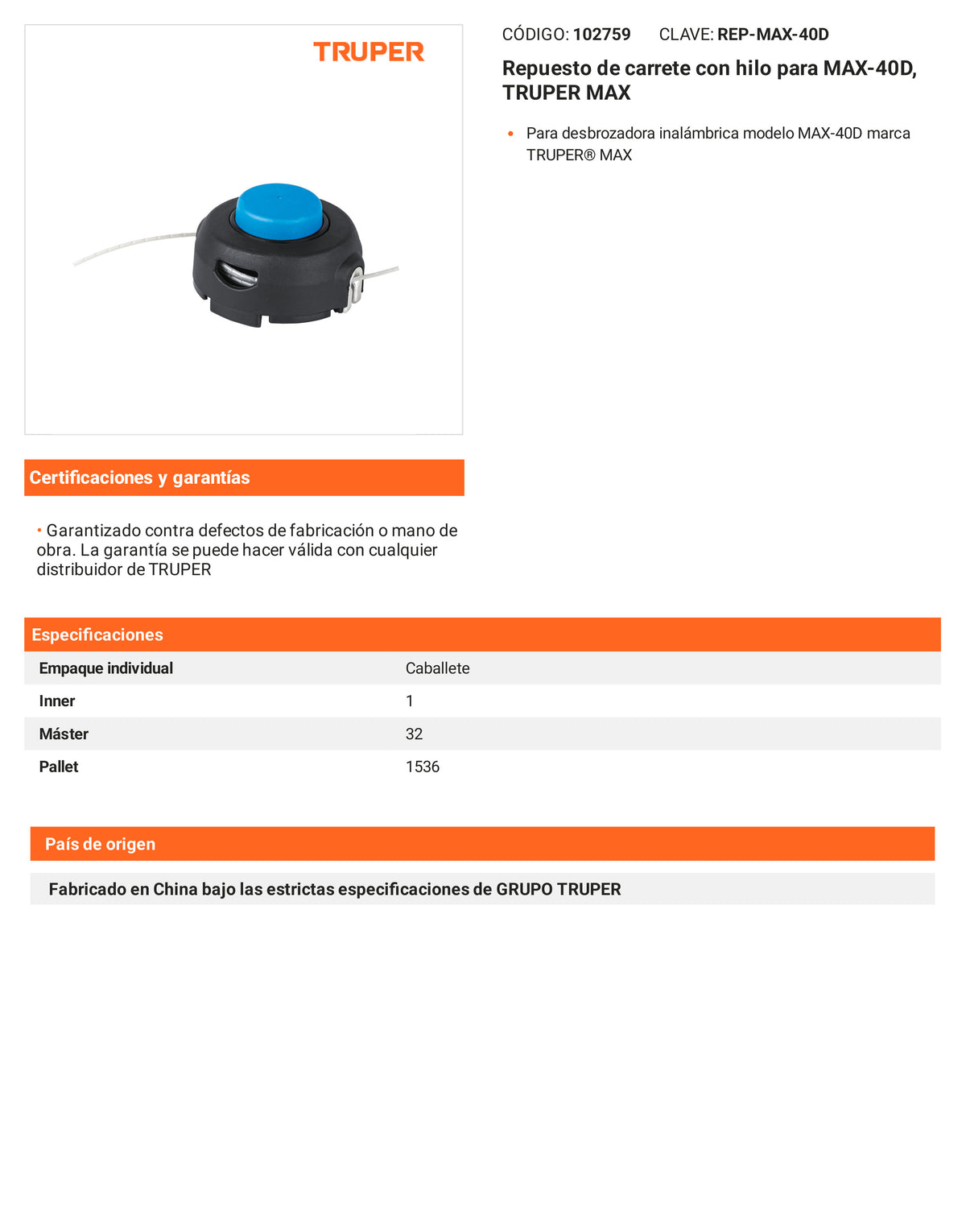 Ficha tecnica - Repuesto de carrete con hilo para MAX-40D - SKU 102759