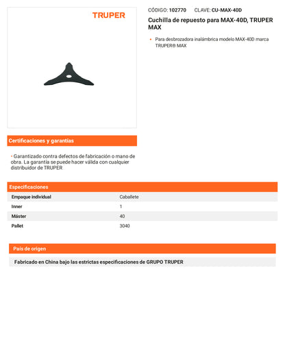 Ficha tecnica - Cuchilla para MAX-40D - SKU 102770