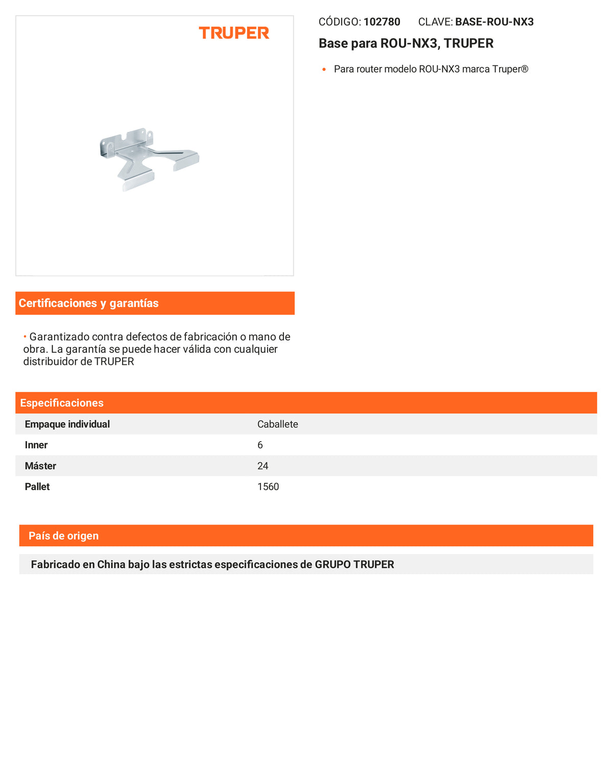 Ficha tecnica - Base para ROU-NX3 - SKU 102780