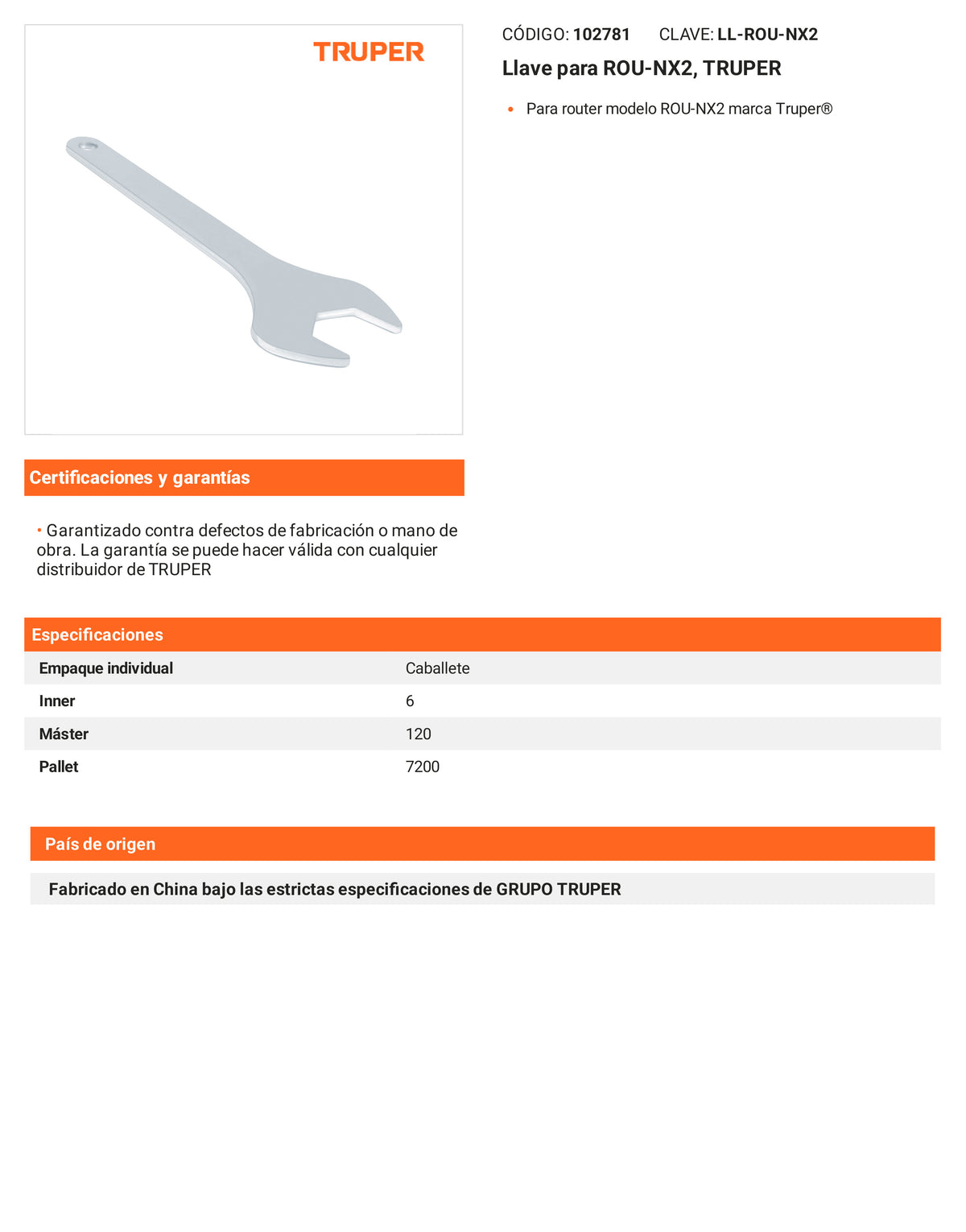 Ficha tecnica - Llave para ROU-NX2 - SKU 102781
