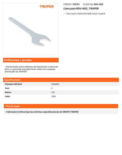 Ficha tecnica - Llave para ROU-NX2 - SKU 102781